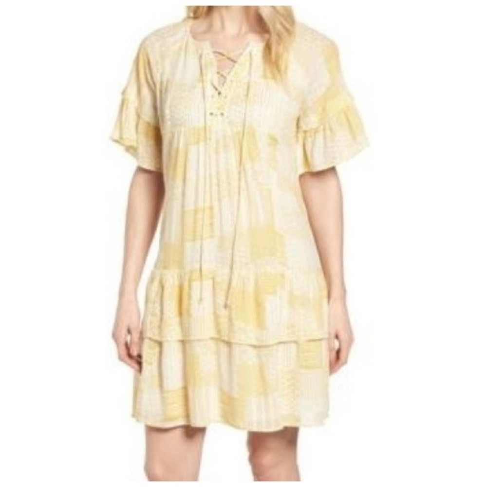 Caslon Lace Up Neck Tiered Dress XXS Yellow
